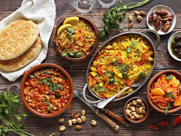 African vegetarian feast with flatbread, beans and spiced rice